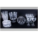 Collection Of Glassware Comprising 6 Hock Wine Glasses, cut glass vase, jar & cover, oval dish &