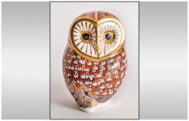 Royal Crown Derby Paperweight ' Barn Owl ' Heart Shaped Face, Colour way Browns, Beige and Gold.