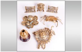 Five Novelty Brass Inkwells In The Form Of A Crab, sunflower, devil crab, barrel cylinder,
