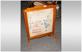 1930's Mahogany Glazed Framed Fire Screen depicting decoration of a lady in crinoline dress