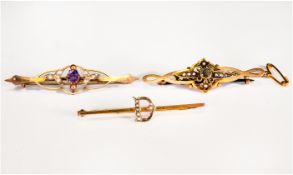 Victorian 15ct and 9ct Gold Seed Pearl and Stone Set Brooches ( 3 ) In Total. Fully Marked 9ct &