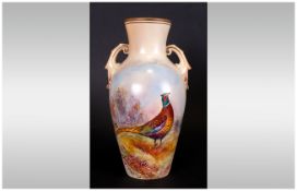 Locke & Co Worcester Hand Painted Two Handle Vase, Pheasant In a Woodland Setting. Signed W.