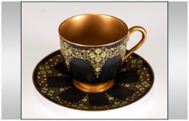 Royal Worcester Very Fine Hand Decorated Miniature Cup and Saucer, Matt Black with Raised Gilt and