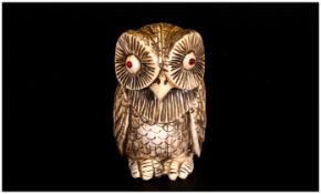 Japanese - Finely Carved 19th Century Signed Ivory Netsuke, In The Form of an ' Owl with Red Eyes '.