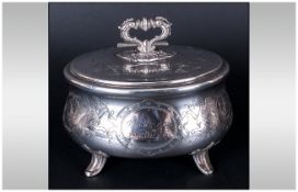 Antique Silver Oval Shaped Lidded & Footed Bowl, decorated with mythical dragon figures. 8ozs, 8