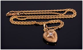 18ct Gold - Antique Heart Shaped Pendant Set with a Single Stone Diamond, Fitted to a 18ct Gold