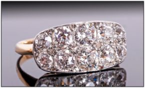 Antique 18ct Yellow Gold Set Two Row Diamond Ring, The Ten Cushion Cut Diamonds of Good Colour and