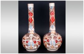 Pair of Satsuma Bottle Vases, hand enamelled with two figures to the front and back of each; applied