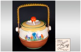 Clarice Cliff Hand Painted Lidded Biscuit Barrel, Straw Handle ' Crocus ' Pattern. c.1929. Newport