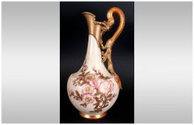 Royal Worcester Fine Hand Painted Floral on Ivory Jug / Ewer with Mythical Serpent Handle. c.1880's.