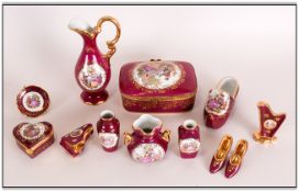 Collection of Limoges Miniature Ceramics (12) in total in rouge Watteau decoration.