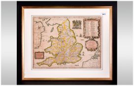 John Ogilby Rare Hand Coloured Period Map Showing The Kingdon Of England & Wales With Royal