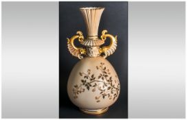 Royal Worcester Hand Painted Fine Blush Ivory and Gilt Two Handled Vase, with Fluted Neck and Fish