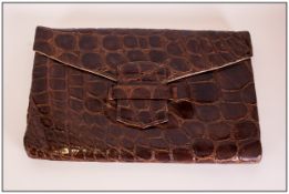 A Ladies Fashion 1930's /1940's Leather Crocodile Clutch Bag with Fitted Silk Interior. Good