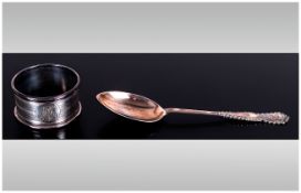 Silver Christening Spoon In Fitted Case Together With A Silver Napkin Ring.