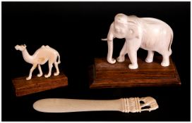 Vintage Ivory Elephant Figure on Stand. 3.75 Inches High + Ivory Camel Figure on Stand, 2.75