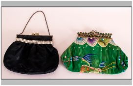Early 20th Century Handmade Oriental Decorated Green Silk Handbag. Set with Green Paste Stones to