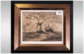 Local Preston Artist. Edward Beattie A Pen and Ink Drawing of Lytham Windmill and Light Boat