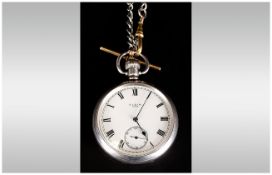 Elgin Silver Cased Open Faced Pocket Watch. Hallmark Birmingham 1919, Attached to a Silver Albert