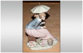 Nao by Lladro Figure ' Young Girl Seated With Parasol Flowers to Feet ' Height 9 Inches. Mint