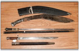 Indian Made Sword Stick. Together with a large Indian made Kukra, English Bayonet and Scabbard.