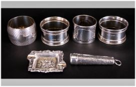 Small German Silver Embossed Ash Tray Together With Four Silver Napkin Rings And A Silver Mounted