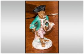 Dresden - 19th Century Porcelain Monkey Band Figure, Unmarked. Stands 4.75 Inches High.