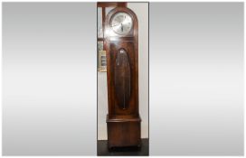 1930's Art Deco Longcase Clock, silvered dial with Arabic numerals, glazed front, triple chrome