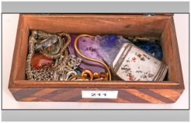 Wooden Cigarette Box Containing A Small Collection Of Jewellery Comprising Silver Necklace,