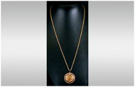 22ct Gold Full Sovereign - Pendant, Dated 1899. Fitted to a Long 24 Inches 9ct Gold Chain. Total