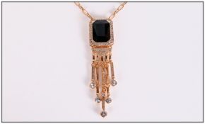 Art Deco Style Black and White Crystal Pendant Necklace, a large octagon faux black spinel, bezel