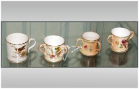 Royal Worcester Hand Painted Miniature Blush Ivory Two and Three Handle Cups ( 4 ) In Total. Each