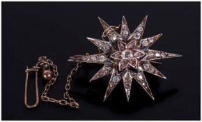 Victorian Sunburst Diamond Set Brooch, Set With Rose Cut Diamonds, Unmarked Yellow Metal Mount