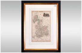 County Map Of Lancashire Hand Washed Colour With Vignette depicting Collestlate Church,