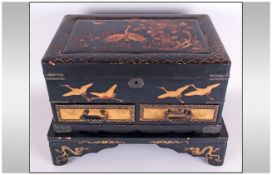Japanese Lacquer Table Casket On Stand, decorated with flying crane birds amongst foliage. Fitted