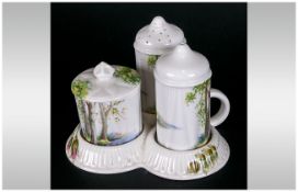 Shelley 1930's Four Piece Cruet Set 'Woodland' Pattern, number 13348, 'Rambler Rose' Pattern 13671