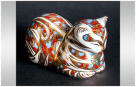 Royal Crown Derby Paperweight ' Contented Cat ' Red and Pale Blue, Gold Stopper. Date 1996. 4.5