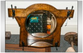 Edwardian Arts and Crafts - Oak Mirror Coat Rack with a Round Mirror Centre and Shelve with Four