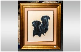 John Clarke British Born Warrington 1968, Large Mixed Media Painting Of Two Labradors, John Clarke