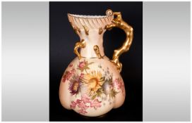 Royal Worcester Hand Painted Blush Ivory Jug, with Floral Decoration and Naturalistic Gold Leaf