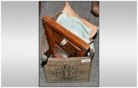 Tin With Oddments including brass door bell, rulers, glasses, plated coaster and masonic apron etc