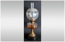 Victorian Oil Lamp with Glass Front, Funnel and Shade Double Burner Supported on an Embossed Brass