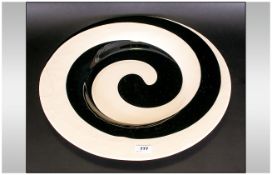 Murano Glass Dish Of Large Size, decorated with a black swirling design against an ivory coloured