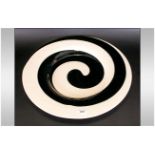 Murano Glass Dish Of Large Size, decorated with a black swirling design against an ivory coloured