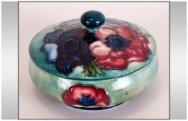 Moorcroft Lidded Round Powder Bowl ' Blue Anemone ' 2.75 Inches High, 4.5 Inches Diameter,