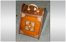 Victorian Oak and Brass Mounted Coal Scuttle with Brass Carrying Handle. 17 Inches High.