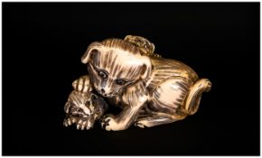 Japanese - Fine and Signed Late 19th Century Ivory Netsuke ' Mother Playing with Pups ' Signed to