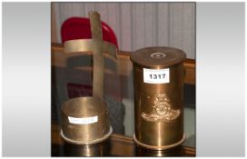Trench Art, Brass Shell Case Made Into A Cross And Another With Applied Cap Badge