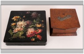 A Victorian Papier Mache Glove Box with floral decoration to the top. Together with an oak cigarette