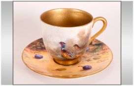 Royal Worcester Hand Painted Miniature Cup & Saucer, Pheasant Cup Signed James Stanton, 2'' in